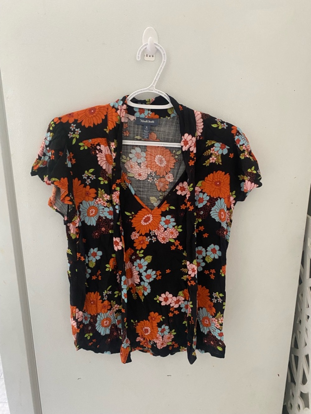 ModCloth Black Floral V-Neck Tie-Front Blouse with Flutter Sleeves